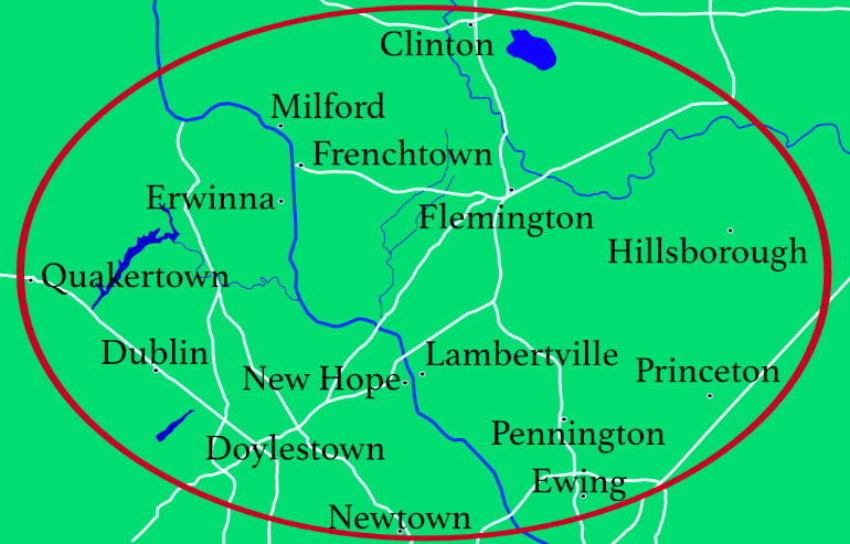 Appliance Installation and Repair Service Area Map: Clinton, Flemington, Frenchtown, Hillsborough, Princeton, Pennington, Ewing, Lambertville, New Hope, Doylestown, Dublin, Quakertown, Erwinna